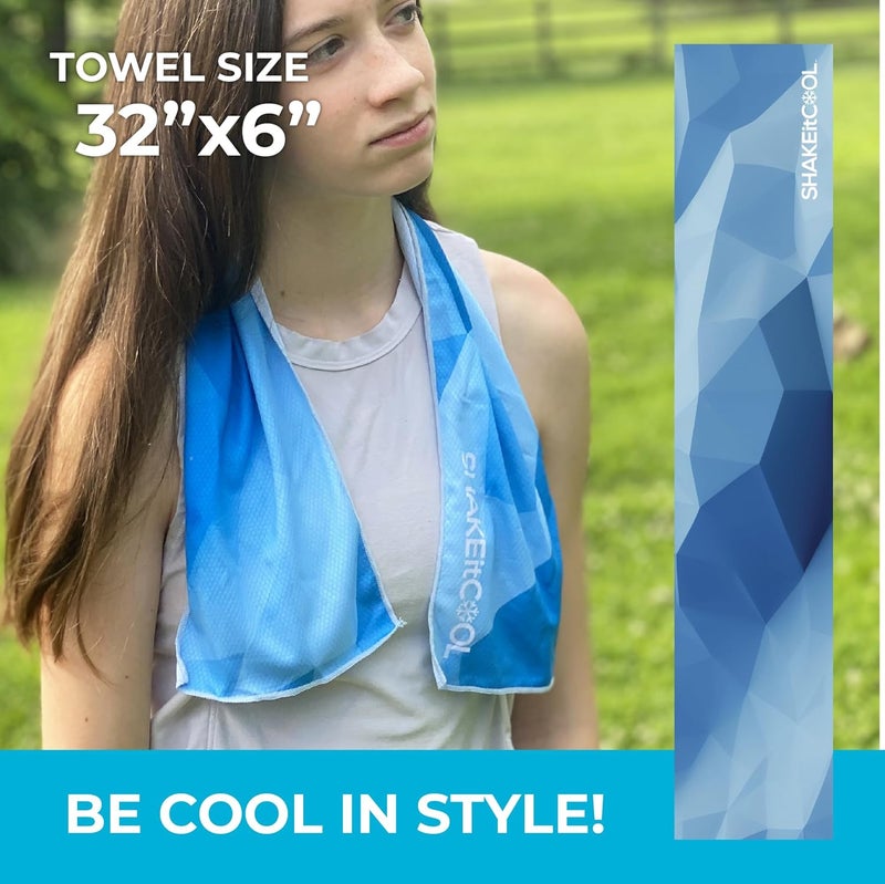 SHAKEitCOOL Original Cooling Towel – Be Cool in Style - Heat Relief, Soft, Lightweight, Sun Protection, Easy Clean - Perfect for Biking, Running, Yoga, Gym, Gardening - Blue Fractal - Image 2